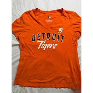 MLB Detroit Tigers T‎ Shirt Womens Medium Orange V Neck Baseball Tee